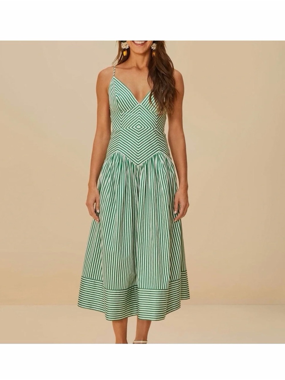Farm Rio Green Bicolor Stripes Midi Dress NWT